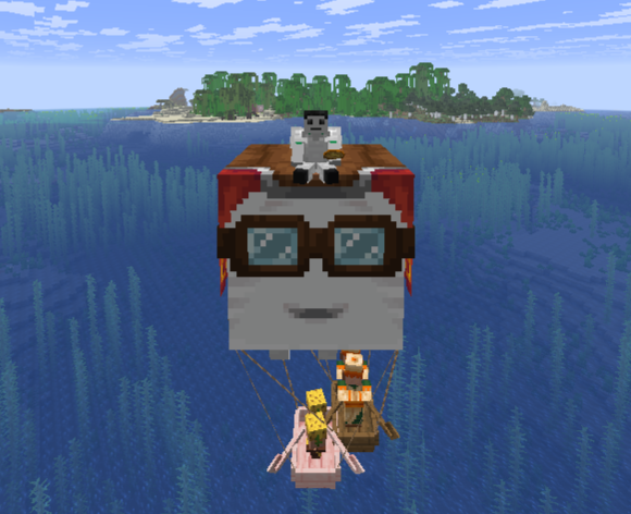 My Minecraft character flying on a Happy Ghast leaving a jungle with two boats containing 2 desert villagers and 2 baby jungle villagers attached